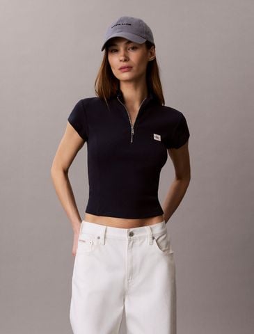 Calvin Klein - Áo Thun Tay Ngắn Nữ Monologo Patch Rib Zip Top