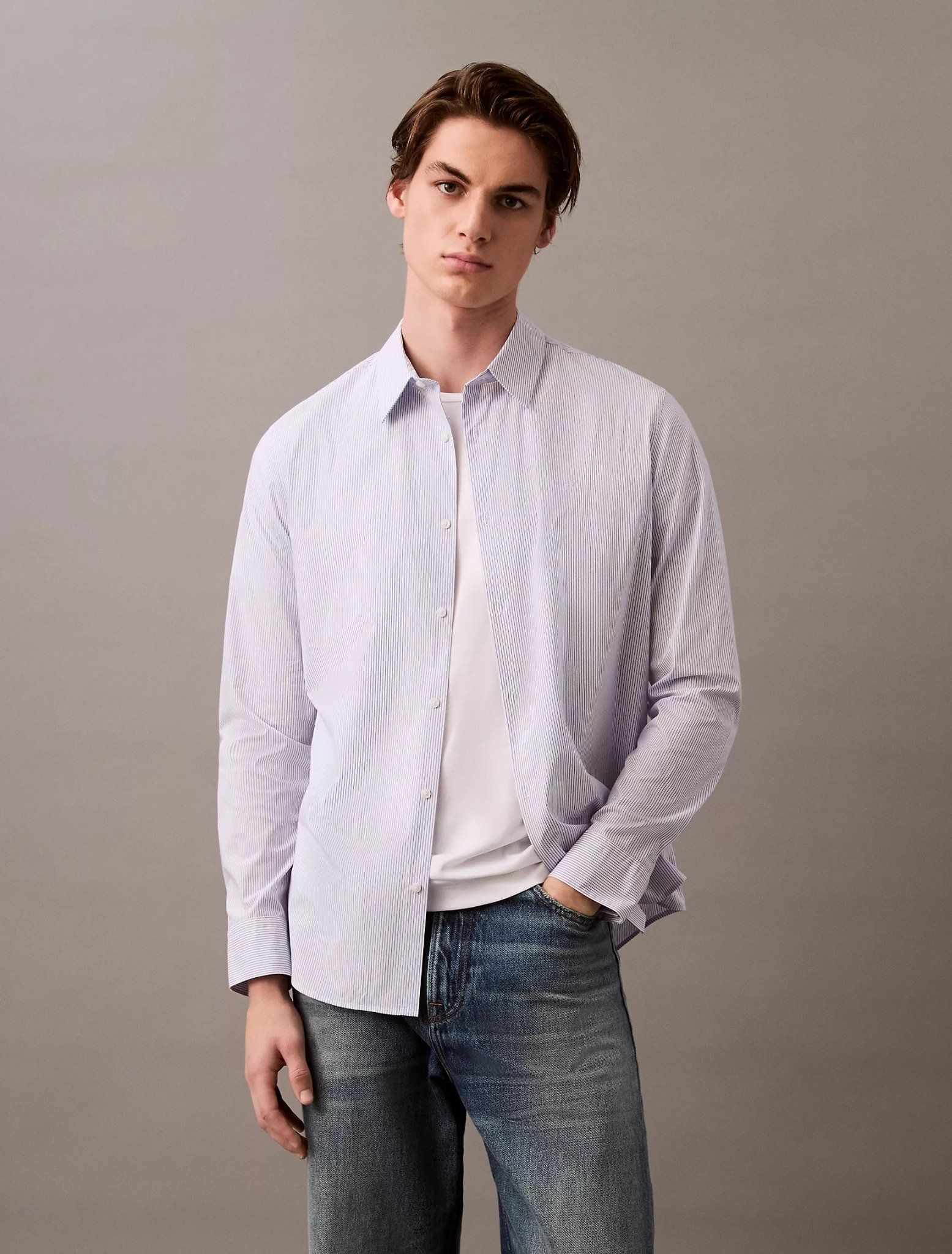 Calvin Klein - Áo sơ mi nam Cotton Stretch Thin Stripe Slim Button-Down Shirt