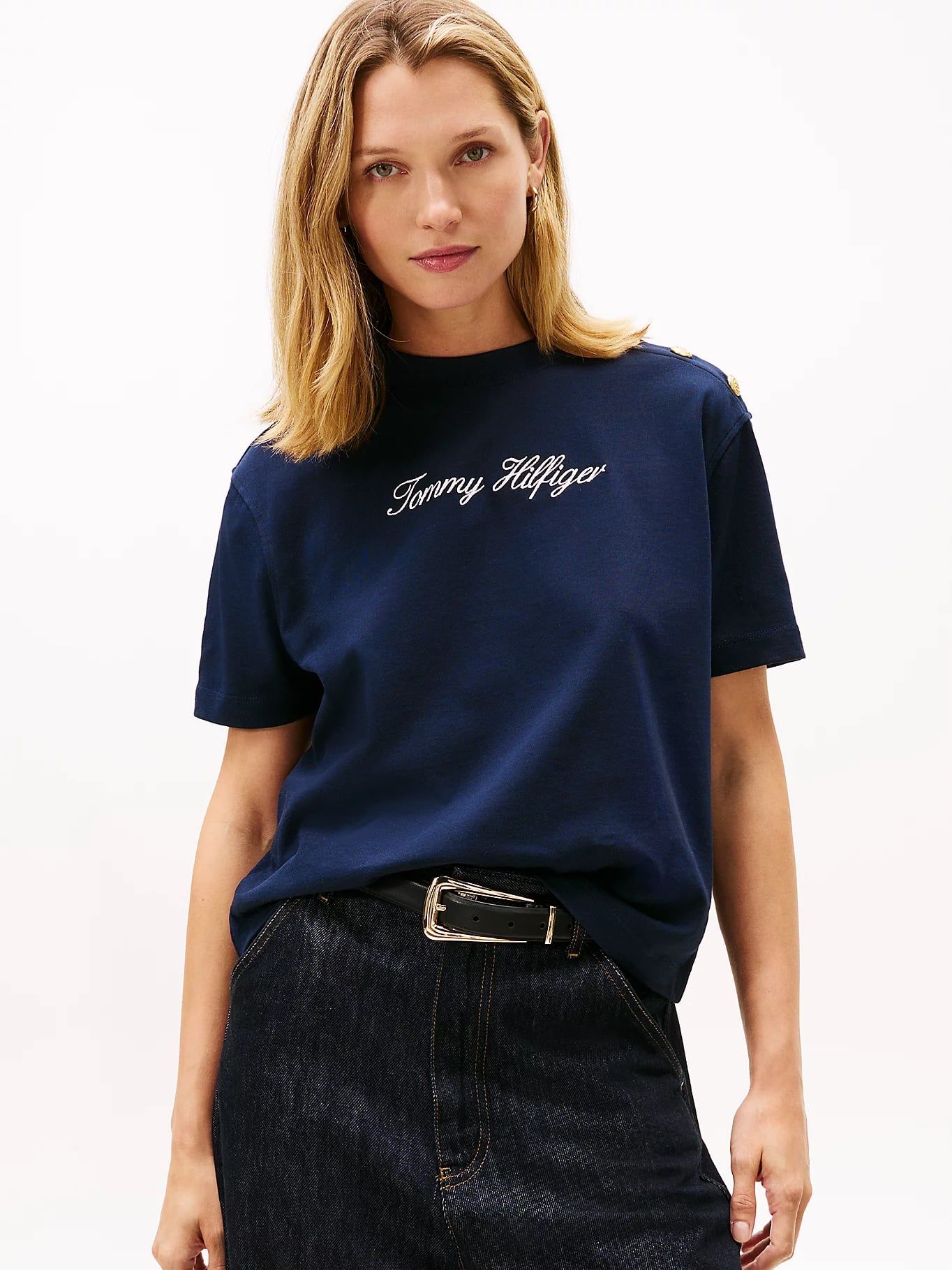 Tommy Hilfiger - Áo thun tay ngắn nữ Gold-Tone Button Logo Embroidery Relaxed T-Shirt