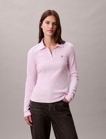 Calvin Klein - Áo polo dệt kim nữ Woven Monologo Rib Collared Top