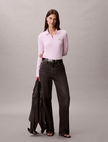 Calvin Klein - Áo polo dệt kim nữ Woven Monologo Rib Collared Top