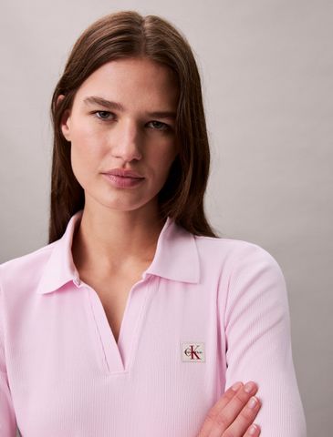 Calvin Klein - Áo polo dệt kim nữ Woven Monologo Rib Collared Top