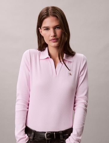Calvin Klein - Áo polo dệt kim nữ Woven Monologo Rib Collared Top - 2