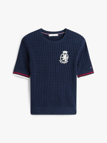 Tommy Hilfiger - Áo nỉ dệt kim tay ngắn nữ Crest Cable Knit Tee