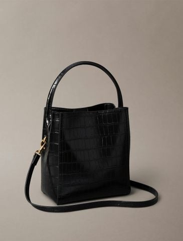 Calvin Klein - Túi xách nữ CK Monogram Logo Hardware Chain Crocodile Print Bucket Bag - 2