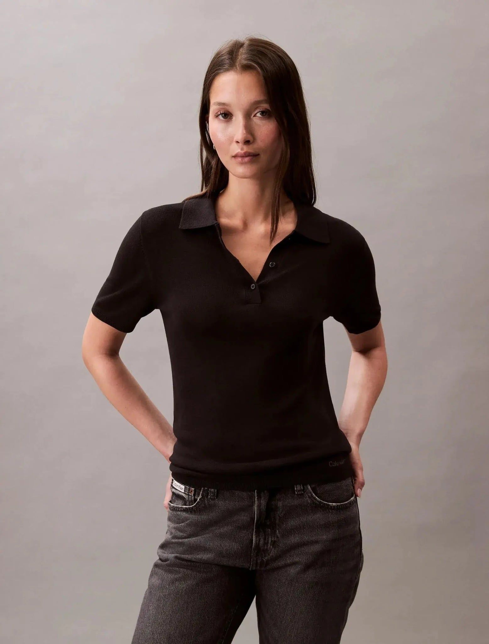 Calvin Klein - Áo polo dệt kim Nữ Fine Gauge Viscose Polo