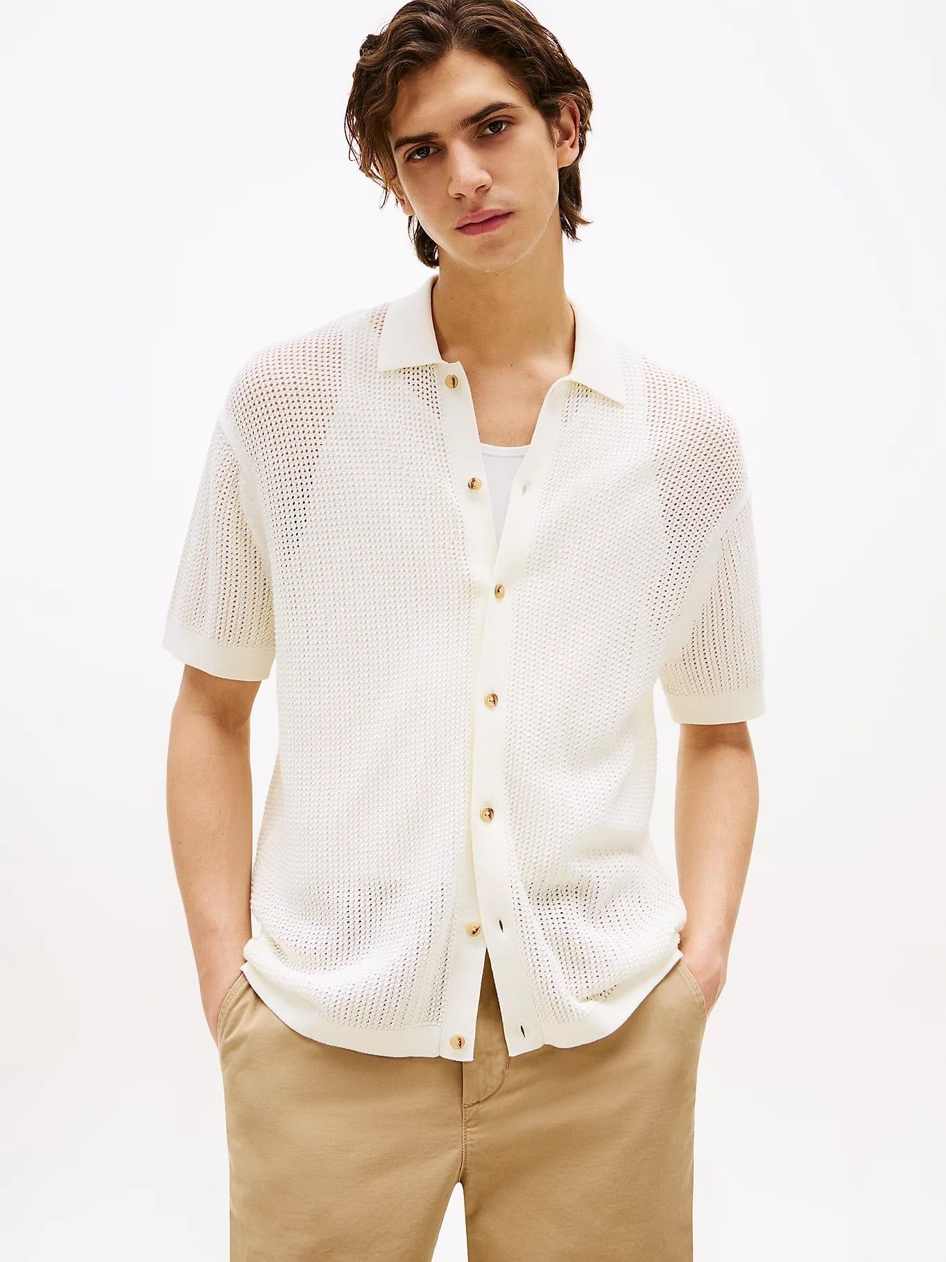 Tommy Hilfiger - Áo sơ mi dệt kim tay ngắn nam Relaxed Fit Open Knit Short Sleeve Shirt