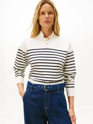 Tommy Hilfiger - Áo len tay dài nữ Chic Stripe Gold-Tone Button Mock Neck Jump