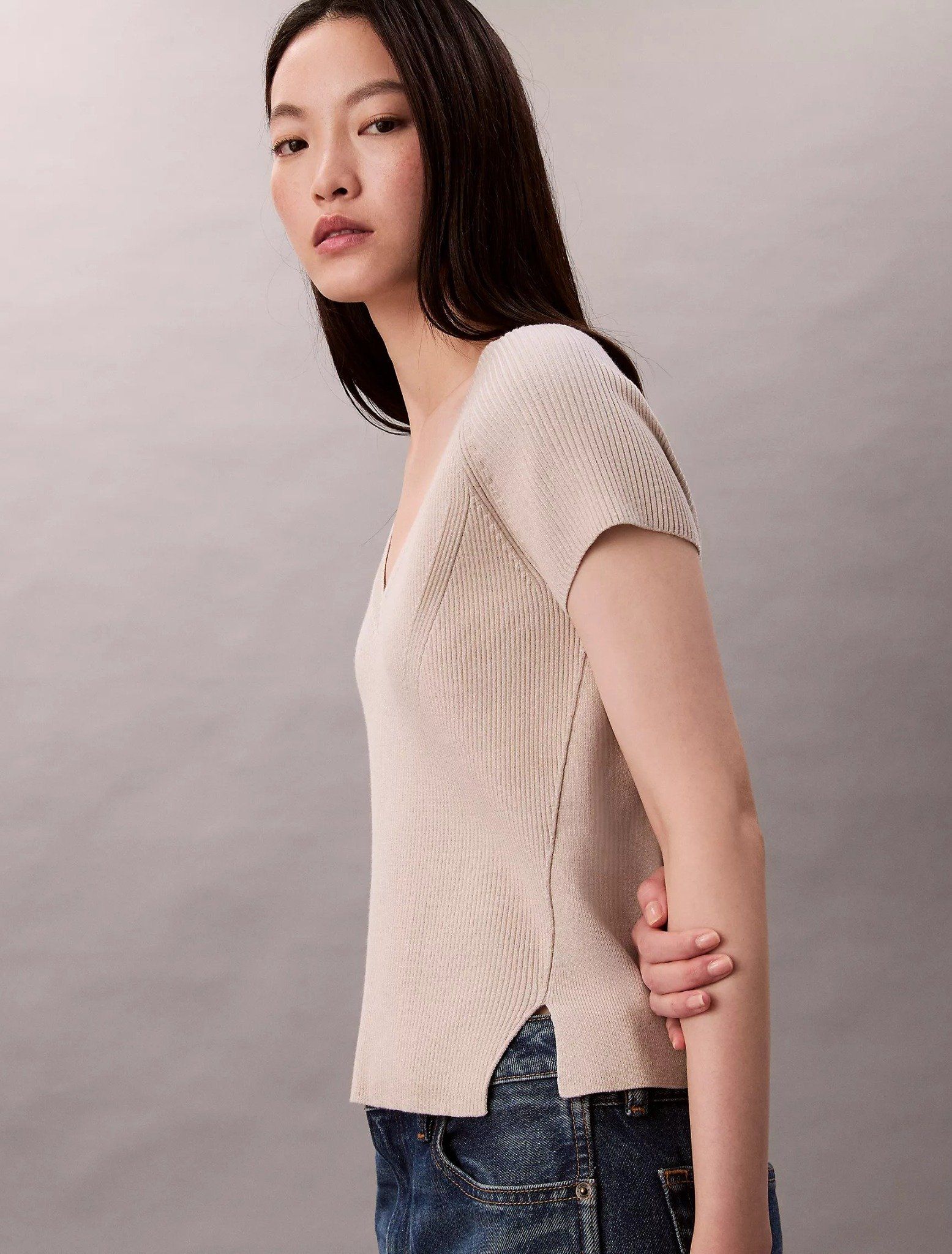 Calvin Klein - Áo tay ngắn dệt kim nữ Tech Knit Rib Classic T-Shirt