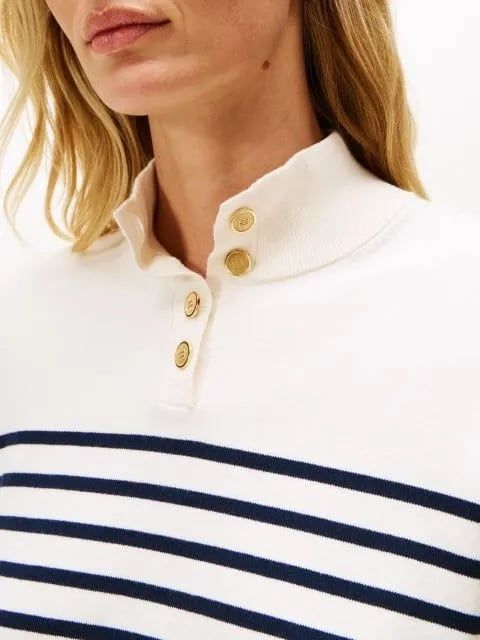 Tommy Hilfiger - Áo len tay dài nữ Chic Stripe Gold-Tone Button Mock Neck Jump