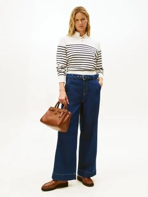 Tommy Hilfiger - Áo len tay dài nữ Chic Stripe Gold-Tone Button Mock Neck Jump