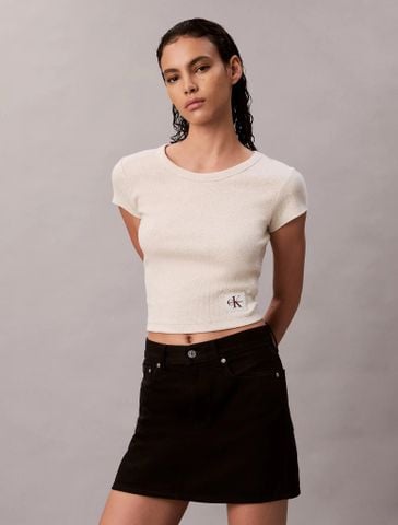 Calvin Klein - Áo tay ngắn dệt kim nữ Woven Monogram Logo Slim T-Shirt