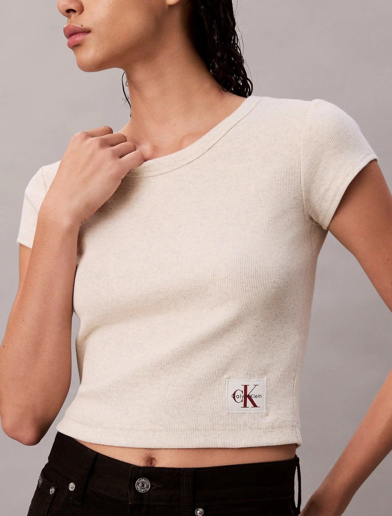 Calvin Klein - Áo tay ngắn dệt kim nữ Woven Monogram Logo Slim T-Shirt