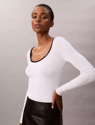 Calvin Klein - Áo len tay dài nữ Cotton Blend Classic Scoopneck Sweater - 3
