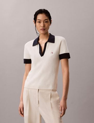Calvin Klein - Áo Thun Có Cổ Nữ Two-Tone Cotton Knit Polo Shirt