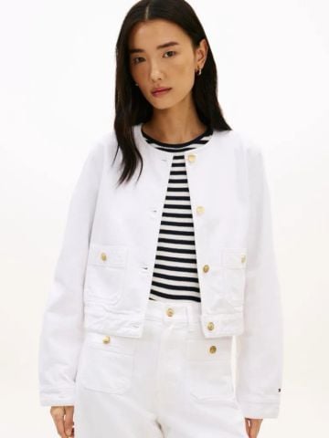 Tommy Hilfiger - Áo Khoác Jean Nữ Gold-Tone Button Collarless Denim Jacket