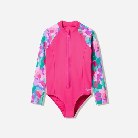 SPEEDO - SUNPROTECT SWIMMING COMPLETE SUN PROTECTION GIRLS PRINT LONG SLEEVE ZIP SWIMSUIT / PRINT LONG SLEEVE ZIP SWIMS