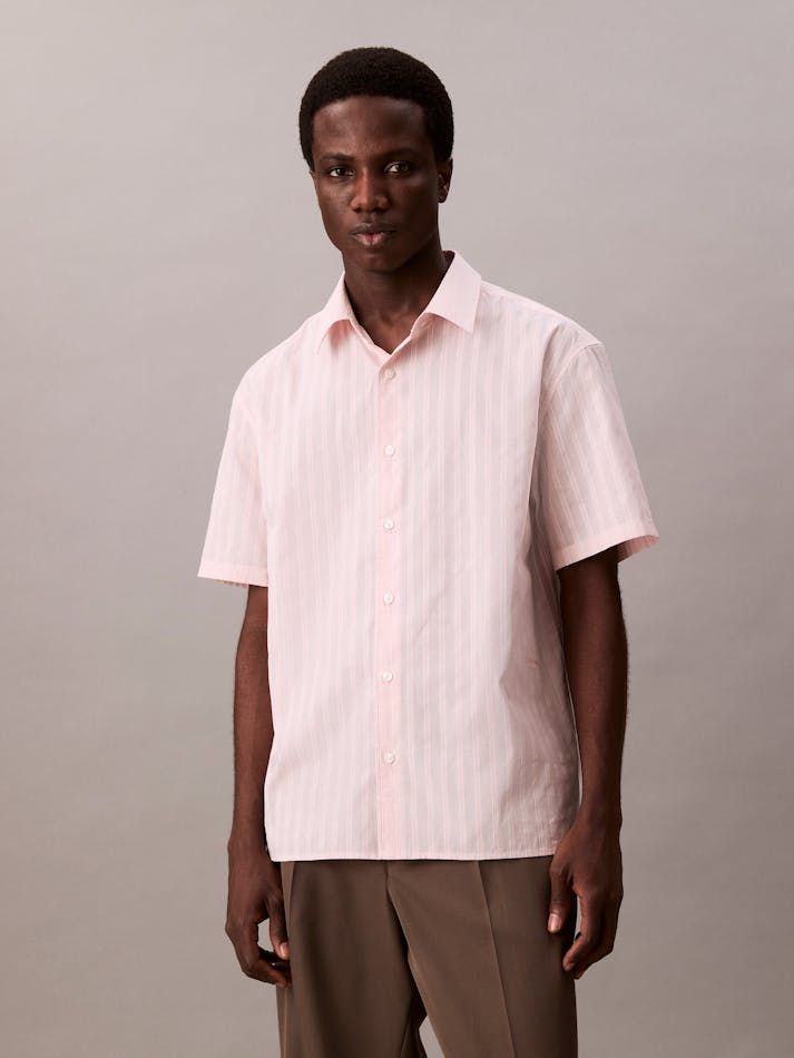 Calvin Klein - Áo sơ mi tay ngắn nam Textured Cotton Stripe Short Sleeve Shirt