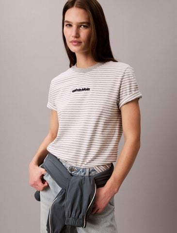 Calvin Klein - Áo Thun Tay Ngắn Nữ Classic Stripe Logo Print Tee