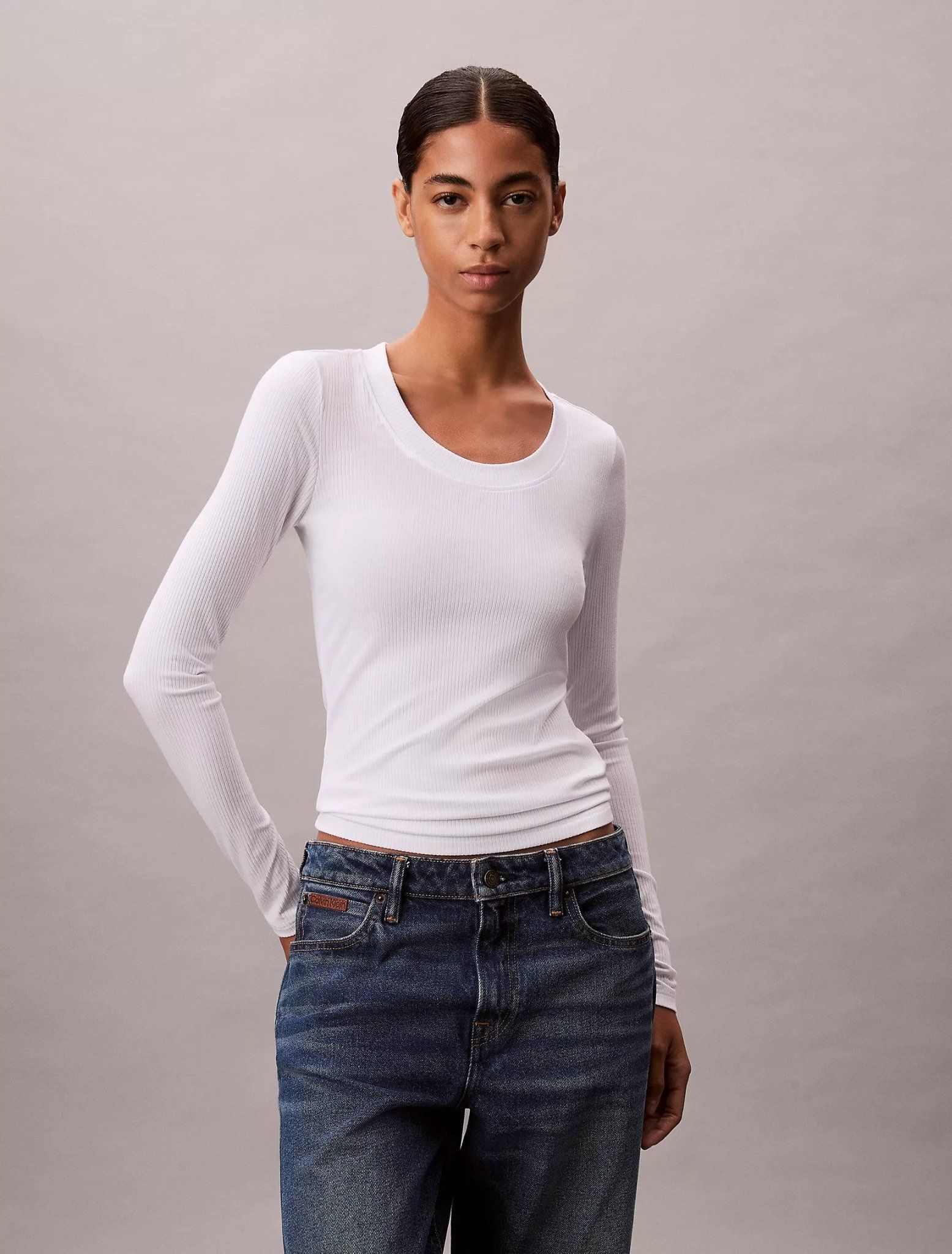 Calvin Klein - Áo tay dài dệt kim nữ Modal Stretch Rib Slim T-Shirt