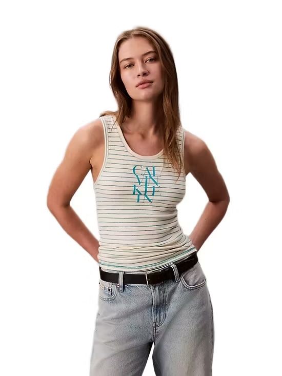 Calvin Klein - Áo ba lỗ nữ Cotton Rib Stripe Logo Graphic Tank Top