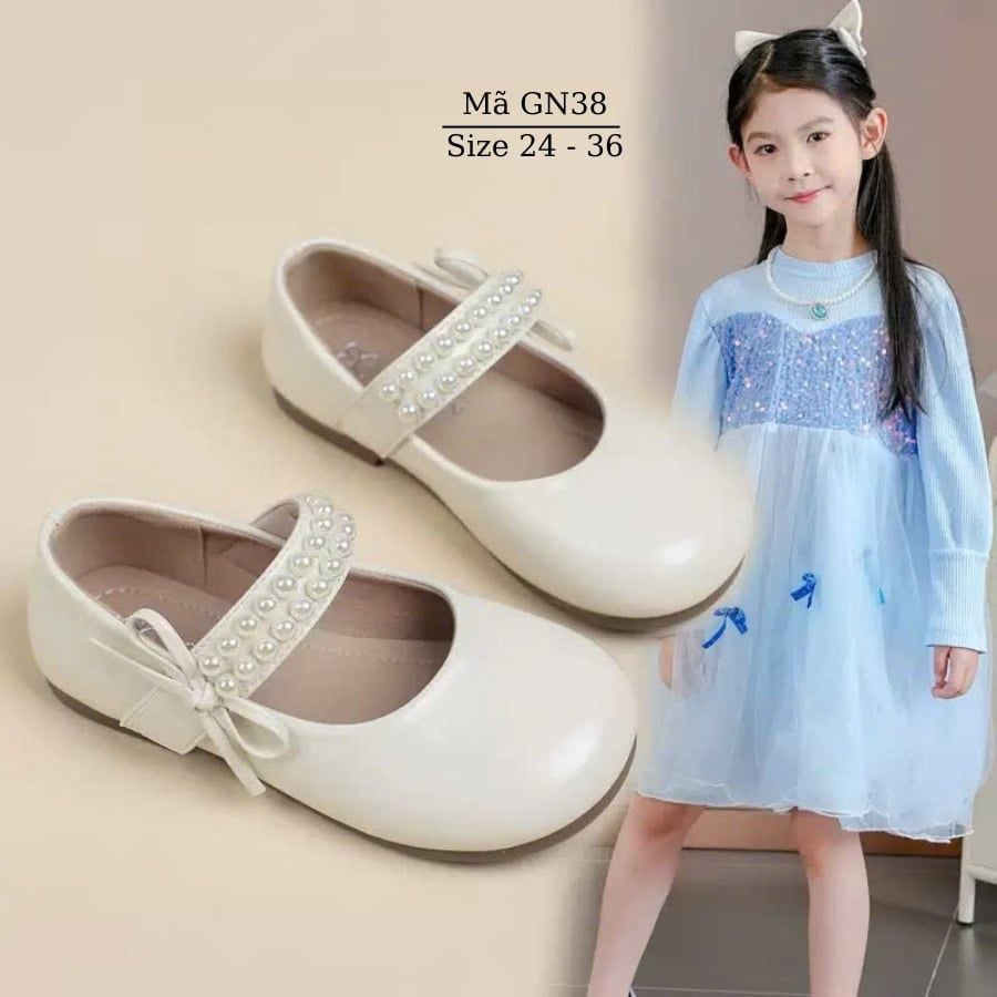 Giày búp bê bé gái 2 - 10 tuổi màu trắng quai ngọc trai đính nơ xinh xắn dễ thương đi học đi chơi phong cách Hàn Quốc GN38