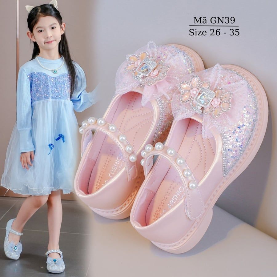 Giày búp bê bé gái 3 - 10 tuổi màu hồng đính nơ kim sa lấp lánh đi học đi chơi phong cách Hàn Quốc GN39