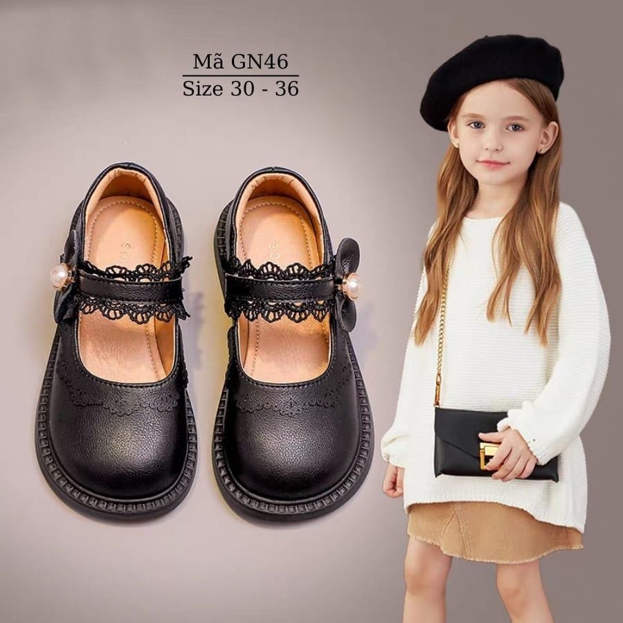 Giày Búp Bê Bé Gái Đen Phối Ren 5-10 Tuổi, Giày Đi Học, Giày Đồng Phục Học Sinh Vinschool, Ngôi Sao, Trường Quốc Tế NHÍM SHOP GN46