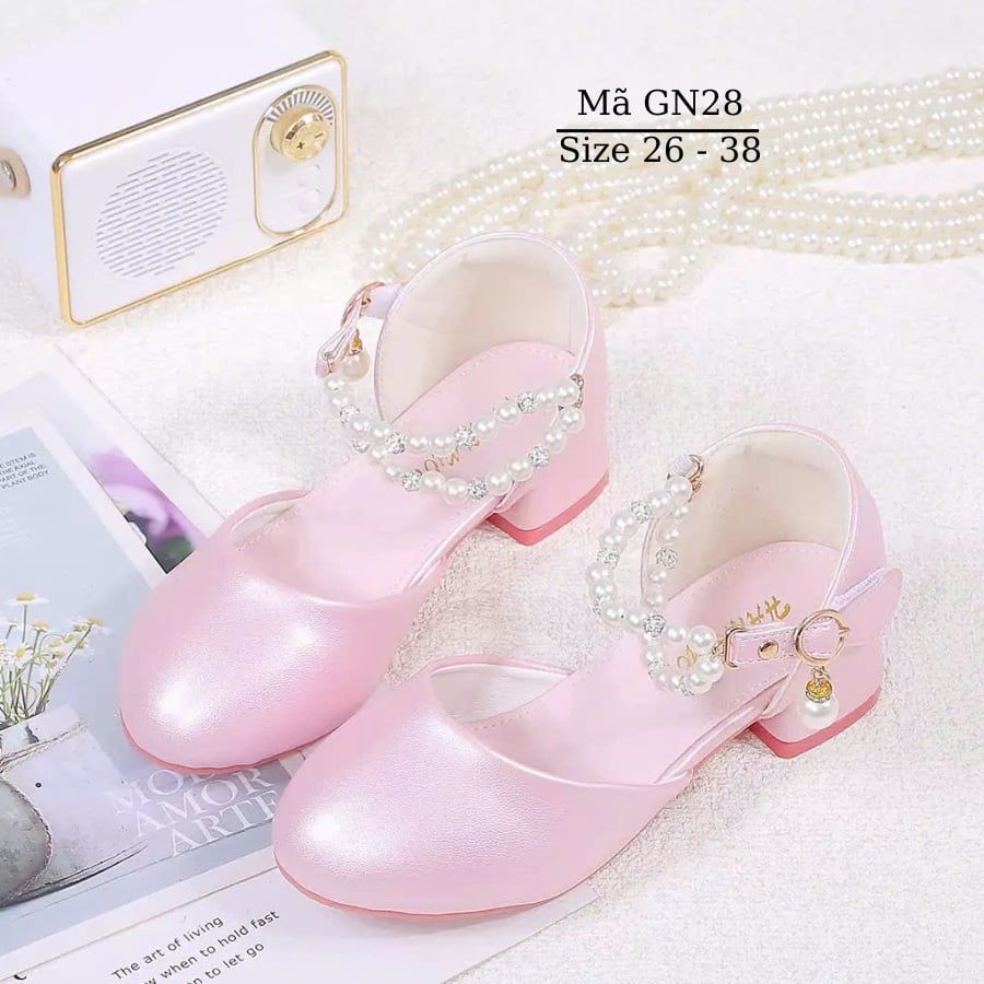 Giày cao gót bé gái 3 - 12 tuổi tiểu thư công chúa đế vuông quai ngọc trai đi tiệc chụp ảnh biểu diễn thời trang GN28