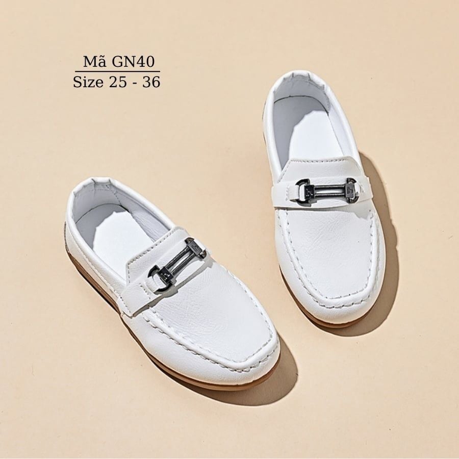Giày lười moca trắng cho bé trai 2 - 9 tuổi da mềm sang trọng lịch lãm phong cách Hàn Quốc đi tiệc đi chơi GN40