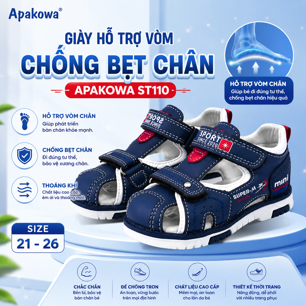 Giày sandal chống bẹt chân cho bé trai 1 - 3 tuổi APAKOWA nâng vòm, bít mũi bít gót Êm Nhẹ Chống Trơn đi học đi biển mùa hè ST110