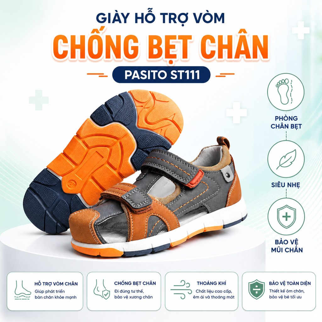 Giày Sandal  Bé Trai PASITO ST111 Nâng Vòm Chống Bẹt Chân Cổ Cao Hỗ Trợ Ổn Định Cổ Chân Tương Thích Lót Chỉnh Hình Cho Bé 2-5 Tuổi
