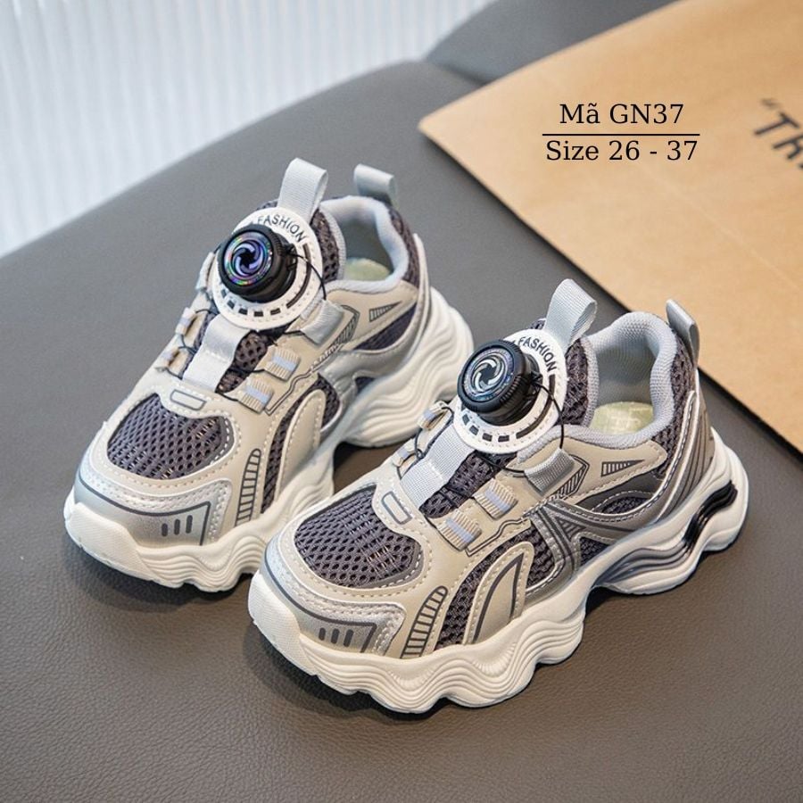 Giày thể thao bé trai bé gái 3 - 12 tuổi núm xoáy thông minh xám bạc thời trang đi học đi chơi phong cách Hàn Quốc GN37