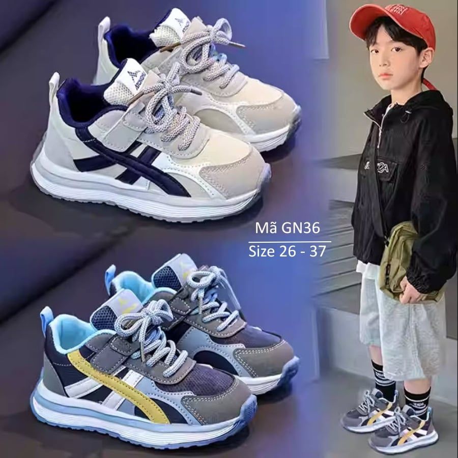 Giày thể thao bé trai 3 - 12 tuổi êm nhẹ quai dán phối cột dây khỏe khoắn năng động đi học đi đi chơi GN36 Xanh Ghi