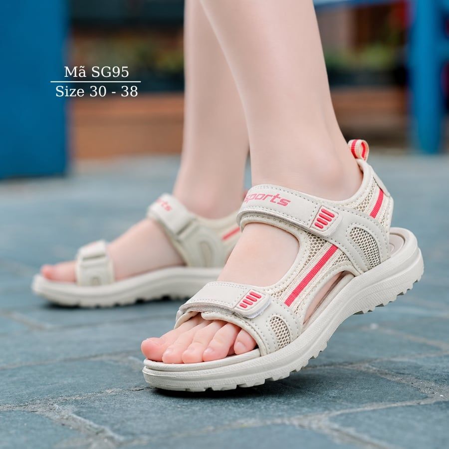Sandal Bé Gái Cao Cấp 5-12 Tuổi Quai Dán Màu Kem Siêu Nhẹ Thể Thao Thời Trang Đi Học Đi Chơi SG95