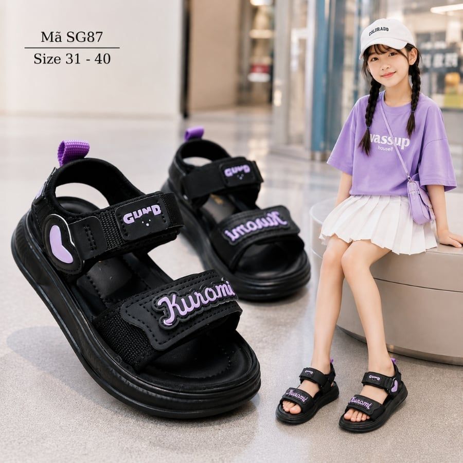 Dép sandal bé gái đi học Kuromi đen tím 3 - 15 tuổi quai hậu học sinh êm nhẹ năng động cá tính SG87
