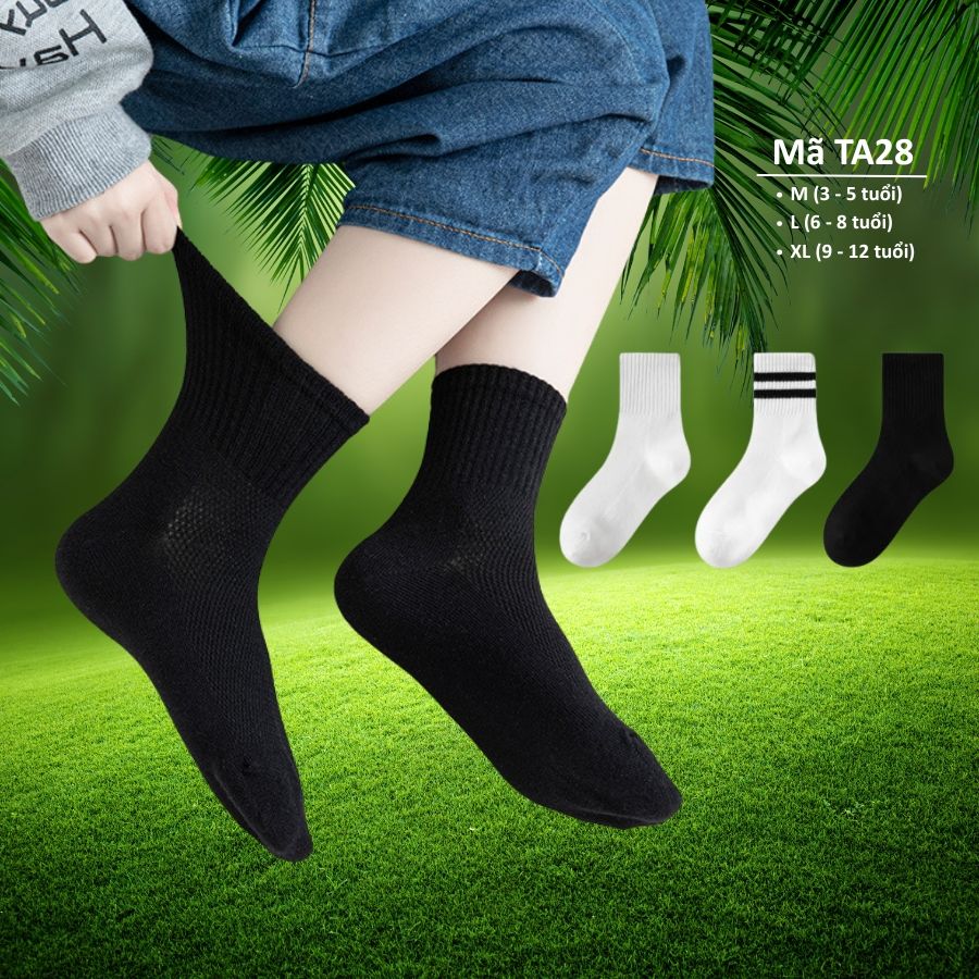 Tất cổ cao cotton thoáng khí cho bé trai bé gái full trắng full đen 3 đến 12 tuổi NHÍM SHOP TA28