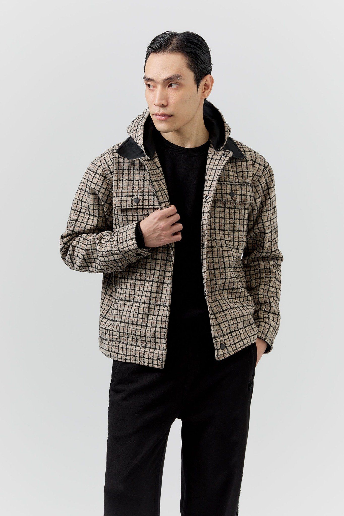 Áo Khoác Relaxed Beige Minichecked Hood