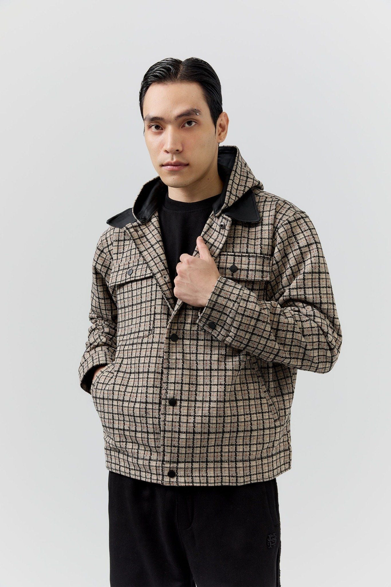  Áo Khoác Relaxed Beige Minichecked Hood 