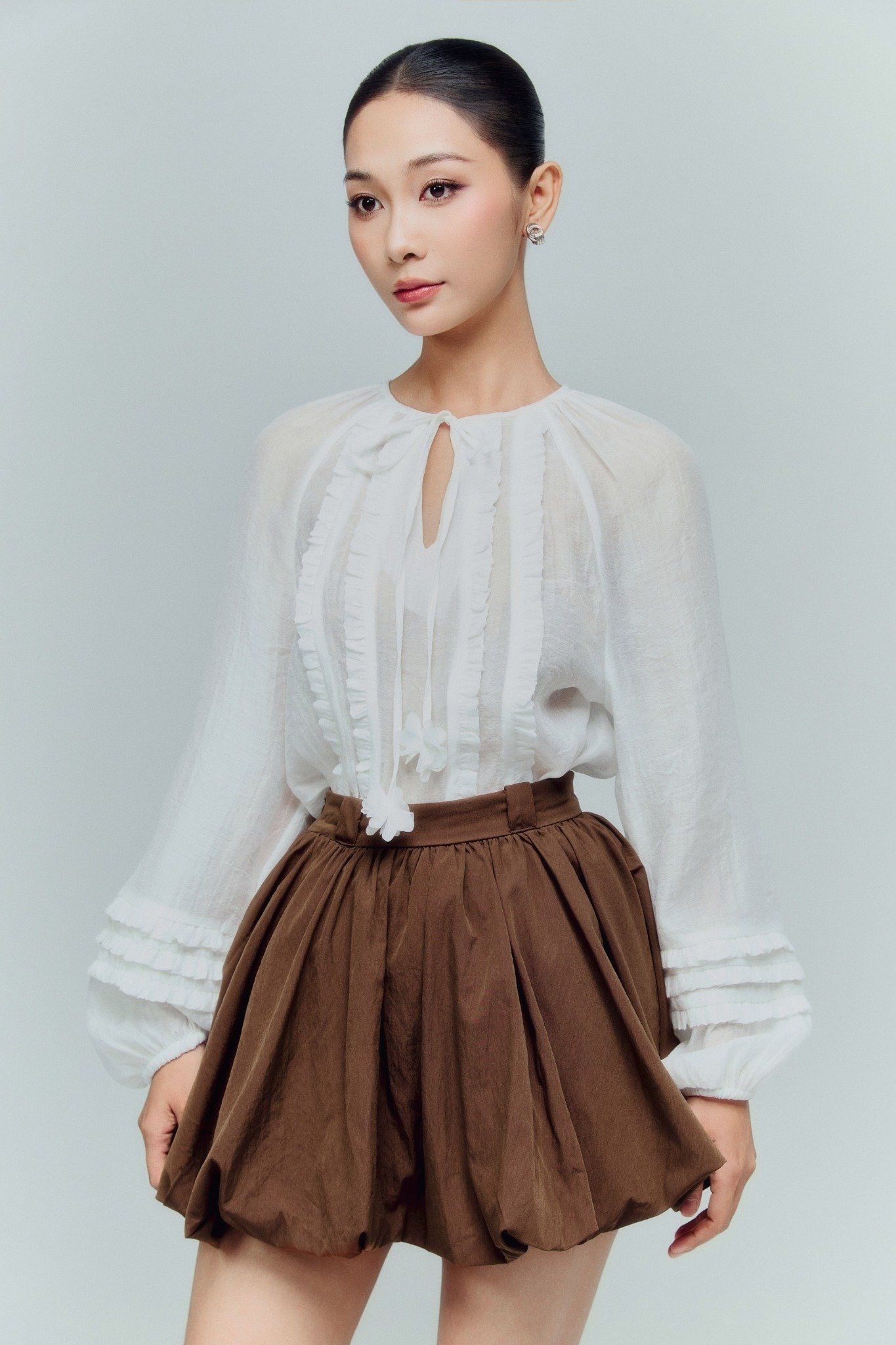  Áo Puff Sleeves Tassel Tie Ruffle 