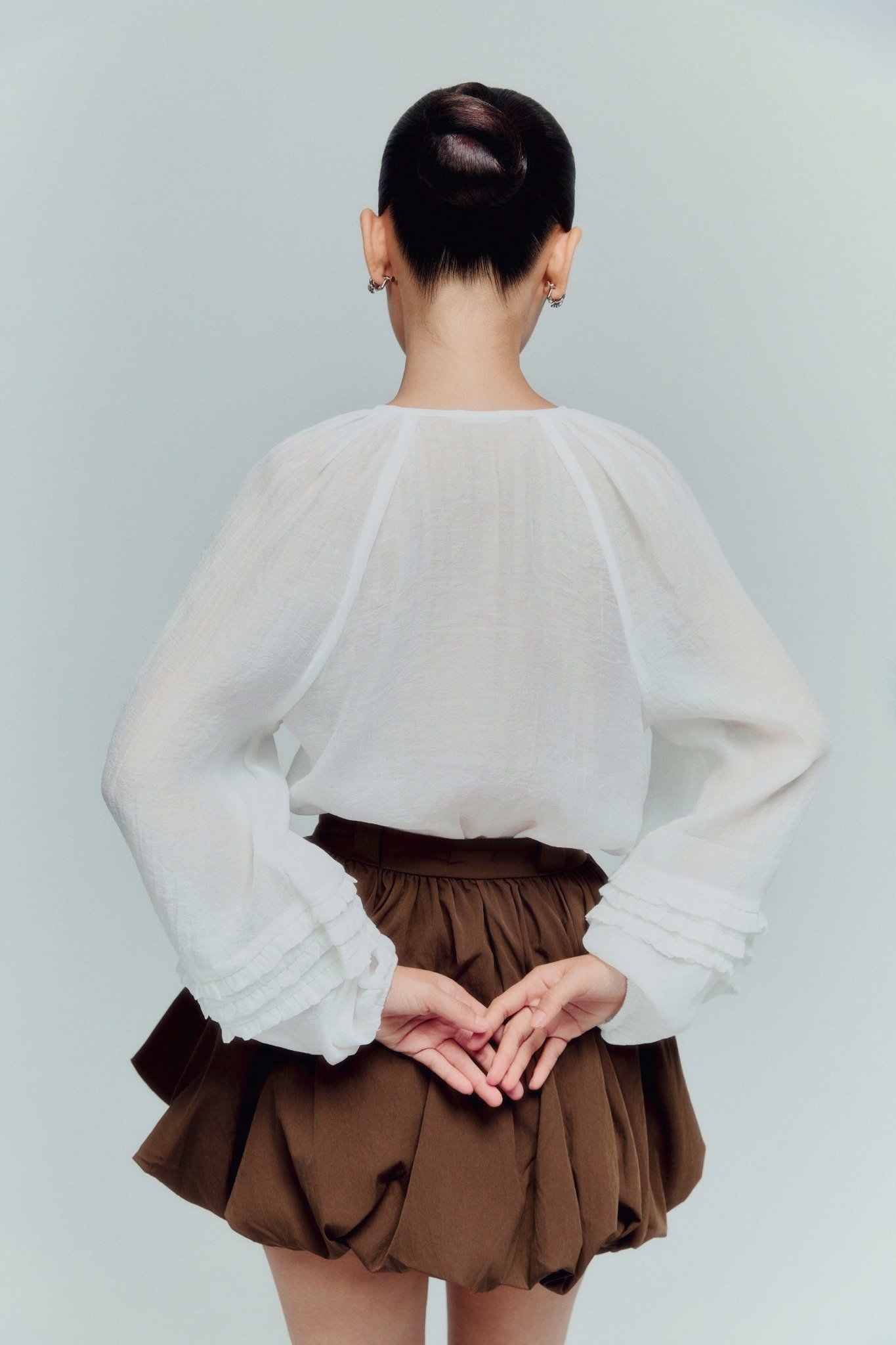 Áo Puff Sleeves Tassel Tie Ruffle