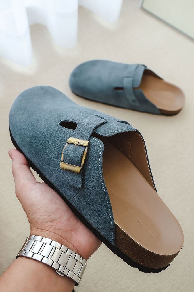 Dép Suede Clogs Mules Slate Blue