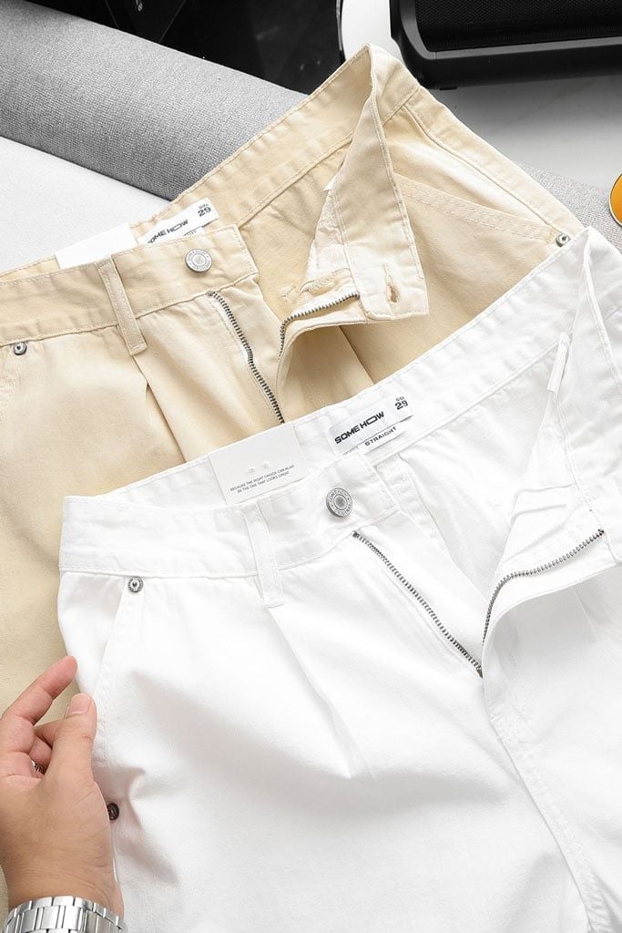 Quần Kaki Straight Basic Xếp Ly Vintage
