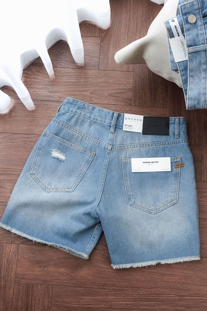 Quần Short Straight Jean Distress Blue Wash V1