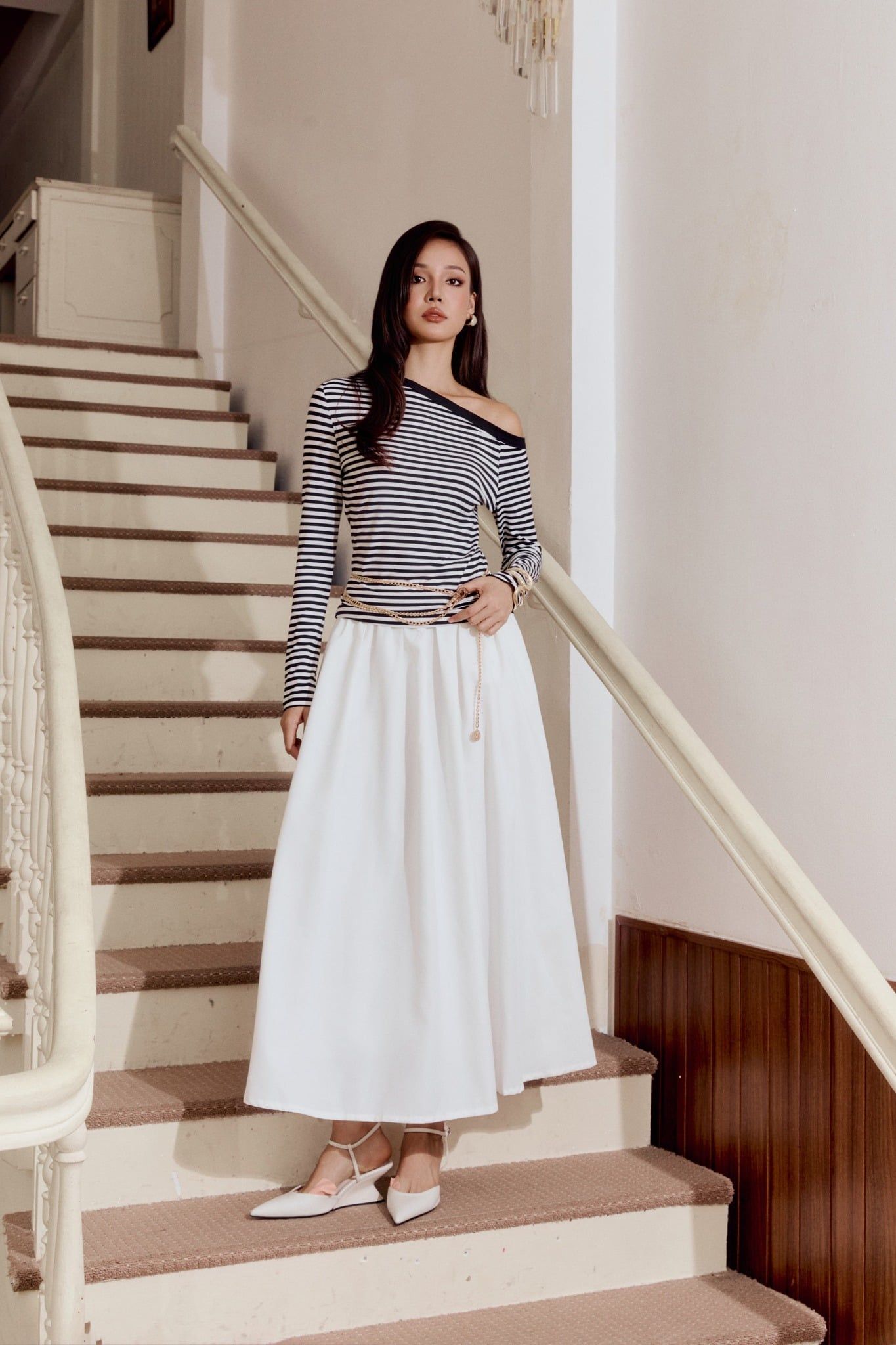 Áo Thun Tay Dài Striped Off Shoulder