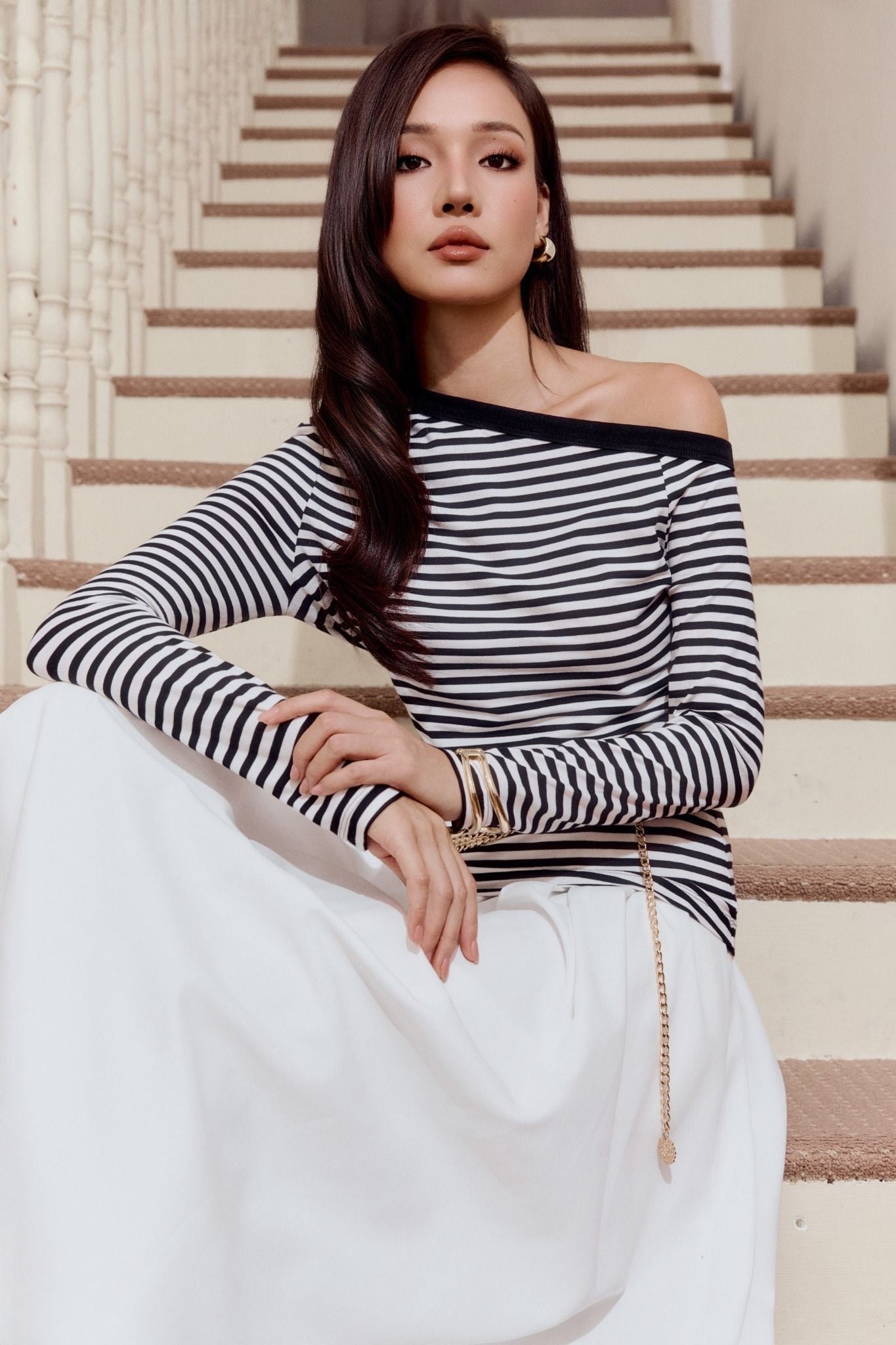 Áo Thun Tay Dài Striped Off Shoulder