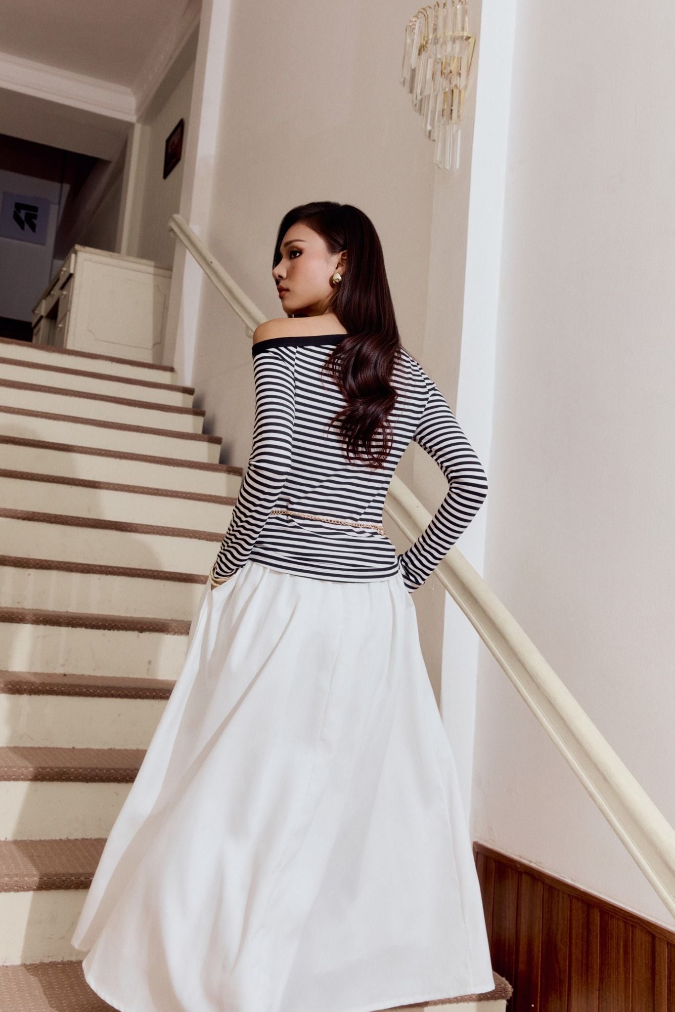 Áo Thun Tay Dài Striped Off Shoulder