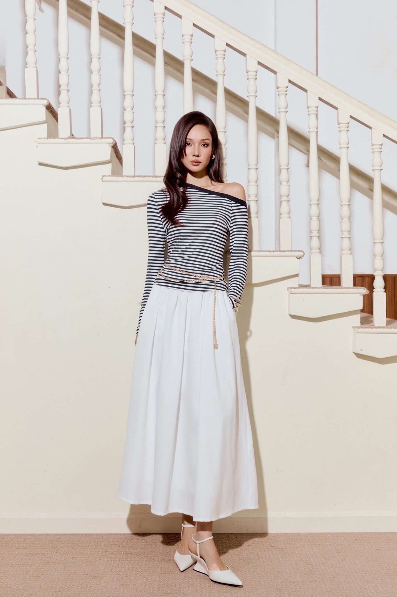 Áo Thun Tay Dài Striped Off Shoulder