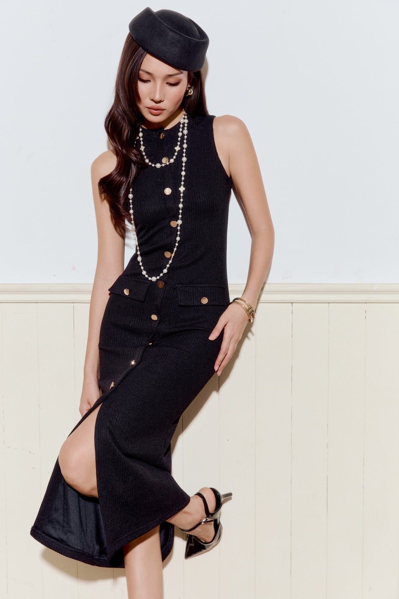  Đầm Dài Sleeveless Knit Button 