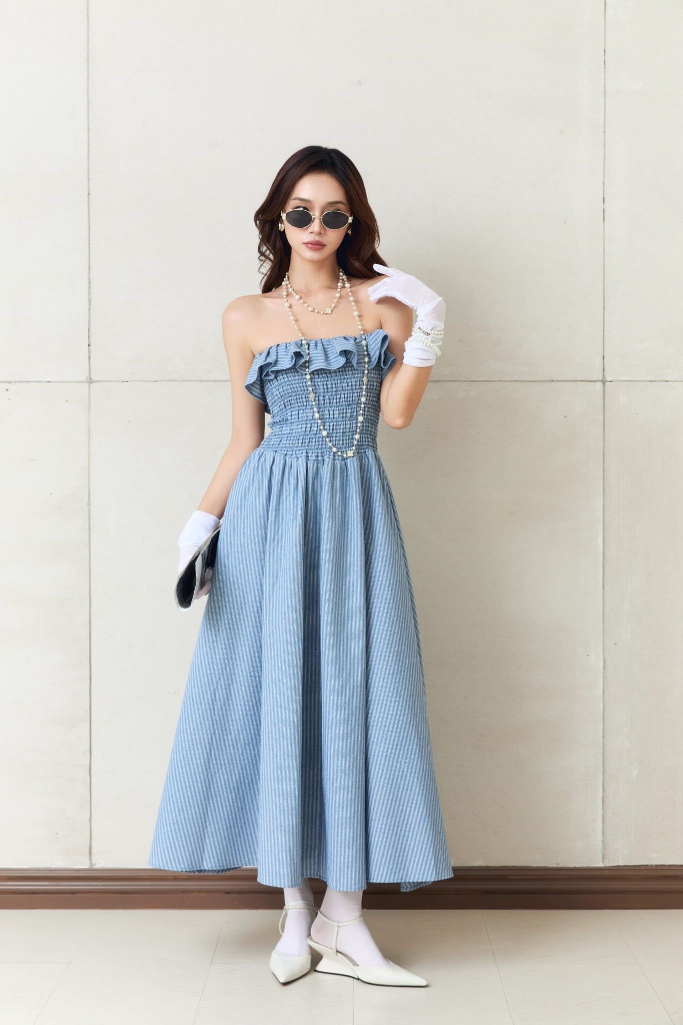  Đầm Dài Striped Maxi Dress Ruffle Detail 